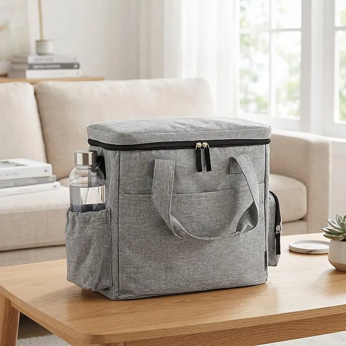 PawHut Katzentransporttasche Hellgrau 38L x 17B x 35H cm -  - Graue Kühltasche aus Stoff mit einer Wasserflasche in einer Seitentasche, auf einem Holztisch platziert.