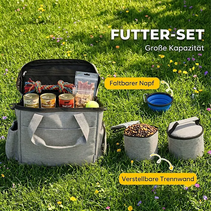 PawHut Katzentransporttasche Hellgrau 38L x 17B x 35H cm -  - Graues Haustier-Futterreise-Set mit Tasche, zwei Futterbehältern, faltbarer Napf, Futter und Spielzeug.