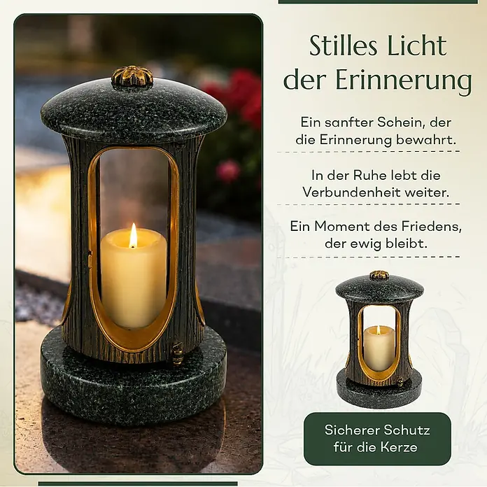 Runde Grablaterne Ø 15 cm, H 22 cm, Granit Nero Impala, Gold-Messing -  - Grablampe aus dunkelgrün gesprenkeltem Stein und Bronze mit brennender Kerze, für stille Erinnerung.