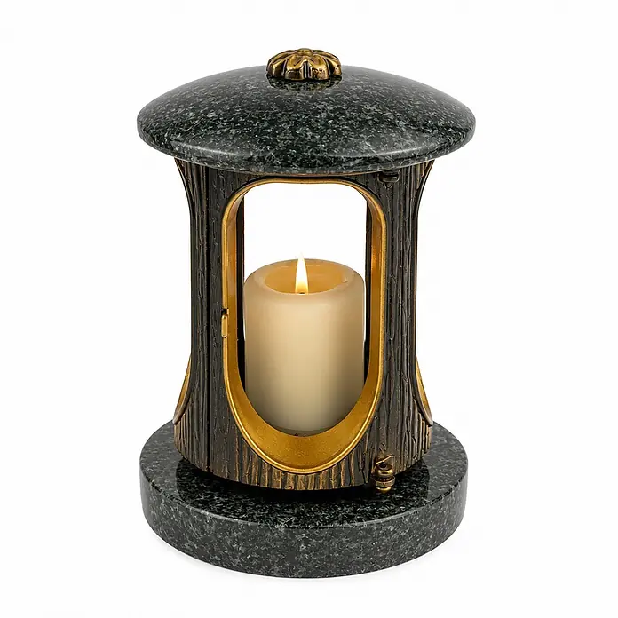 Runde Grablaterne Ø 15 cm, H 22 cm, Granit Nero Impala, Gold-Messing -  - Gedenklaterne aus dunkelgrünem Stein und Metall mit brennender Kerze.