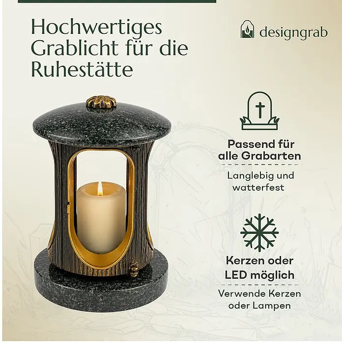Runde Grablaterne Ø 15 cm, H 22 cm, Granit Nero Impala, Gold-Messing -  - Dunkelgrünes Grablicht aus Stein und Metall mit Kerze, für Ruhestätten.