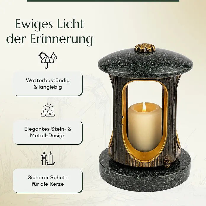 Runde Grablaterne Ø 15 cm, H 22 cm, Granit Nero Impala, Gold-Messing -  - Elegante Gedenklaterne aus dunkelgrünem Granit und Bronze mit brennender Kerze.