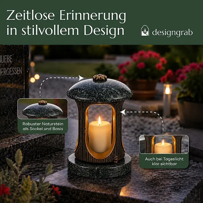 Runde Grablaterne Ø 15 cm, H 22 cm, Granit Nero Impala, Gold-Messing -  - Elegante Grablaterne aus dunkelgrünem Naturstein und Bronze mit sichtbarer brennender Kerze für zeitlose Erinnerung.