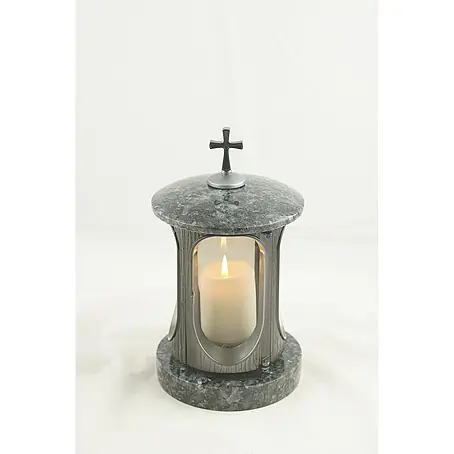Grablampe mit Kreuz Ø15xH28cm, Granit Nero Impala, Schwarz-Anthrazit