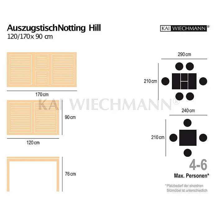 Teak Ausziehtisch 120x90 cm Massivholz edel wetterfest perfekt verarbeitet -  - Ausziehbarer Esstisch Notting Hill, 120/170x90 cm, für 4-6 Personen, mit Maßen.