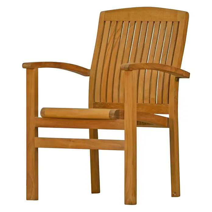 Teak Stapelsessel Massivholz Gartenstuhl stapelbar edel perfekt verarbeitet -  - Hellbrauner Holzstuhl mit Lattenrückenlehne und Armlehnen.