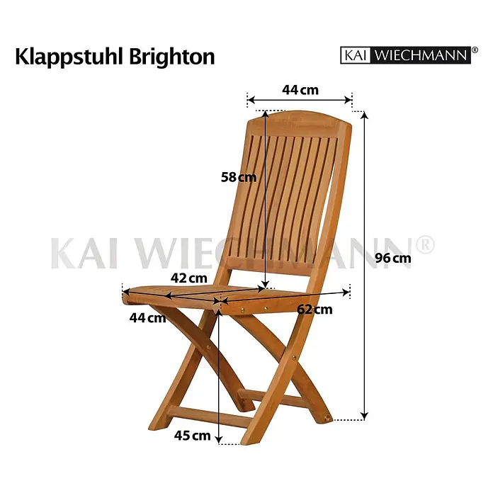 Teak Klappstuhl perfekt verarbeitet für Garten Terrasse und Balkon -  - Hellbrauner Klappstuhl aus Holz mit Lamellenlehne und -sitz, Maße angezeigt.