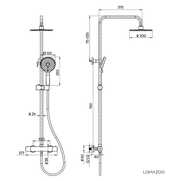 LOMAZOO Thermostat-Duschsystem Aurelia mit Regendusche Gold -  - Technische Zeichnung einer Duschsäule mit Thermostatmischer, Handbrause und Kopfbrause, inklusive Maßen.