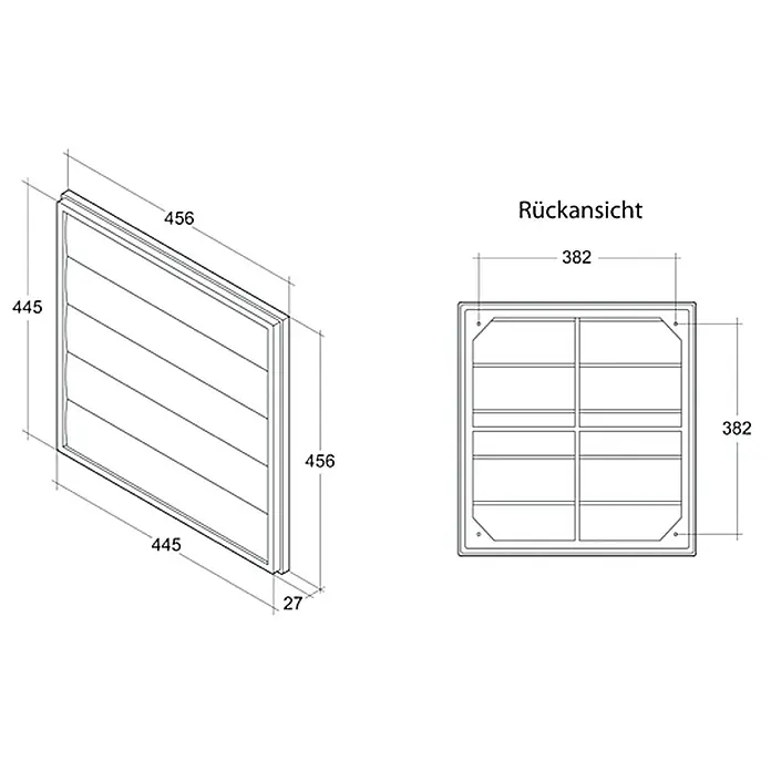 Air-Circle Jalousieklappe FS 16 - Passend für: Außenwand-Ventilator Basic 250 - Abbildung eines quadratischen Wandeinbauelements mit den Maßen 456 x 445 x 27 mm von der Seite und 382 x 382 mm von der Rückseite.