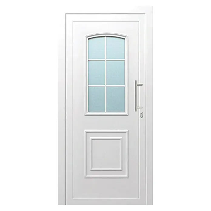 Solid Elements Haustür KT-02 - 100 x 210 cm, DIN Anschlag: Rechts, Weiß - Weiße Eingangstür mit Glaseinsatz und silbernem Griff. Die Tür hat ein klassisches Design mit rechteckigen und quadratischen Verzierungen.