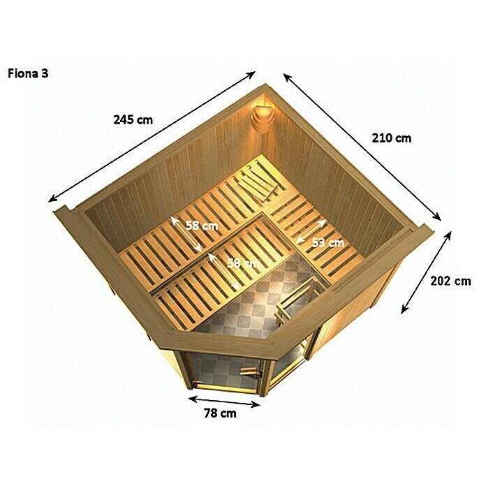 Karibu Systemsauna Fiona 3 (Mit 9 kW Saunaofen mit integrierter Steuerung, 196 x 231 x 198 cm, Mit Dachkranz und Beleuchtung)