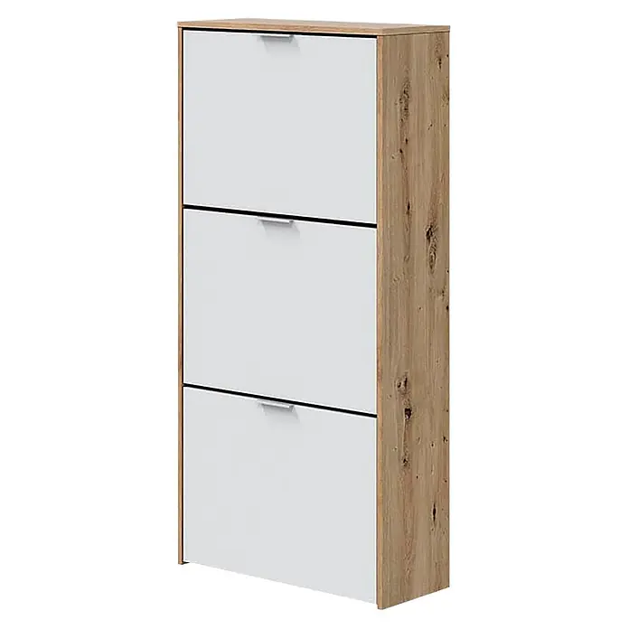 Zapatero Noa - L x An x Al: 24 x 60 x 124 cm, Blanco/Roble Nodi, Específico para: 15 pares de zapatos, aprox. - Zapatero con tres cajones abatibles blancos y marco con efecto madera clara.