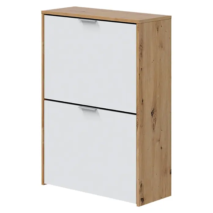 Zapatero Noa - L x An x Al: 24 x 60 x 84 cm, Blanco/Roble Nodi, Específico para: 10 pares de zapatos, aprox. - Zapatero moderno con dos puertas abatibles blancas y estructura efecto madera clara.