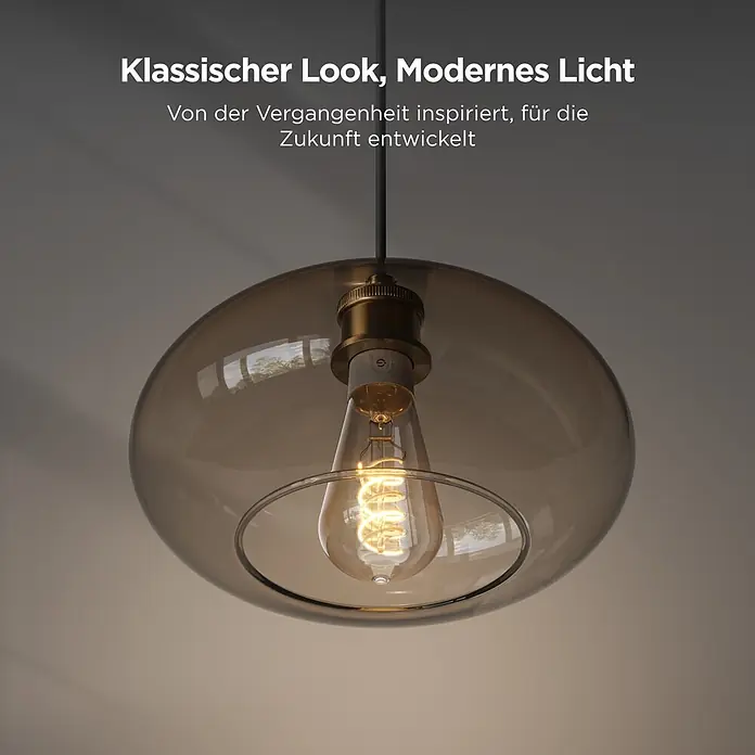 Govee Smart-LED-Lampe Edison Bulb - E27, Dimmbar, RGBW, 500 lm - Hängeleuchte aus Rauchglas mit messingfarbener Fassung und sichtbarer LED-Wendelfilamentbirne.