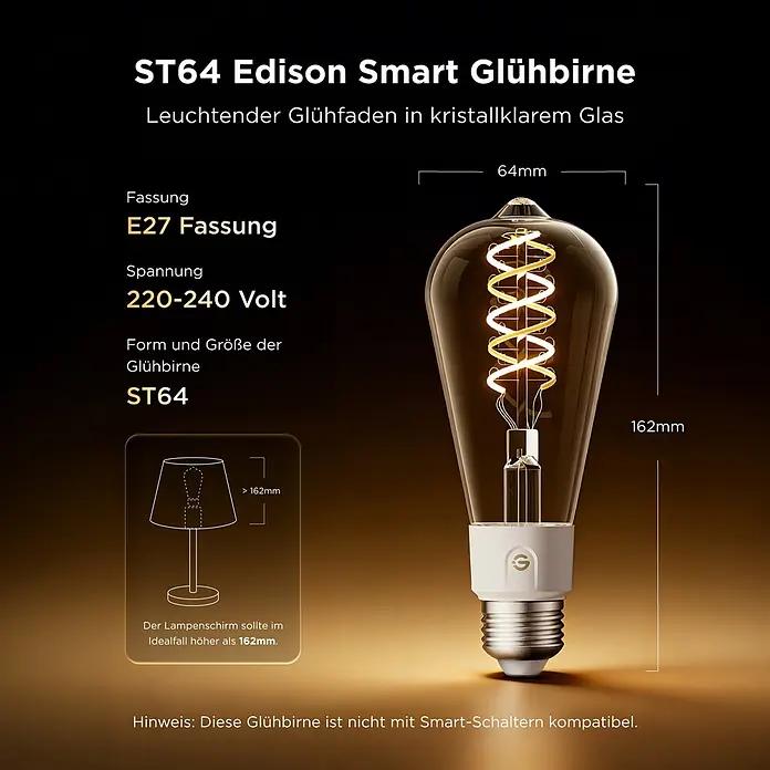 Govee Smart-LED-Lampe Edison Bulb - E27, Dimmbar, RGBW, 500 lm - ST64 Edison Glühbirne mit leuchtendem Spiralfaden in klarem Glas und E27 Sockel, 162mm hoch.