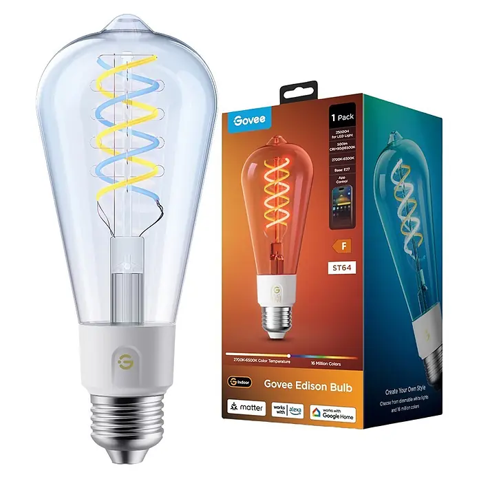 Govee Smart-LED-Lampe Edison Bulb - E27, Dimmbar, RGBW, 500 lm - Govee Edison LED Smart-Glühbirne aus Klarglas mit spiralförmigen Filamenten und weißem E27-Sockel, mit bunter Verkaufsverpackung.
