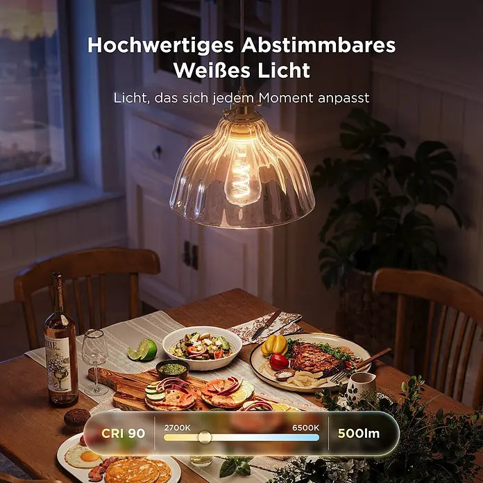 Govee Smart-LED-Lampe Edison Bulb - E27, Dimmbar, RGBW, 500 lm - Pendelleuchte mit geripptem Glasschirm und Edison-LED-Birne über Esstisch. Zeigt abstimmbares Licht (2700K-6500K), CRI 90, 500lm.