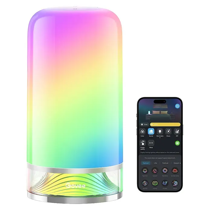 Govee LED-Tischleuchte rund H6022 - 24 W, Ø x H: 22 x 22 cm, Weiß/ Silber, RGBW - Eine Govee Smart-Tischlampe mit Regenbogen-Lichteffekt, gesteuert über eine Smartphone-App mit Szenen wie Sonnenaufgang und Ozean.