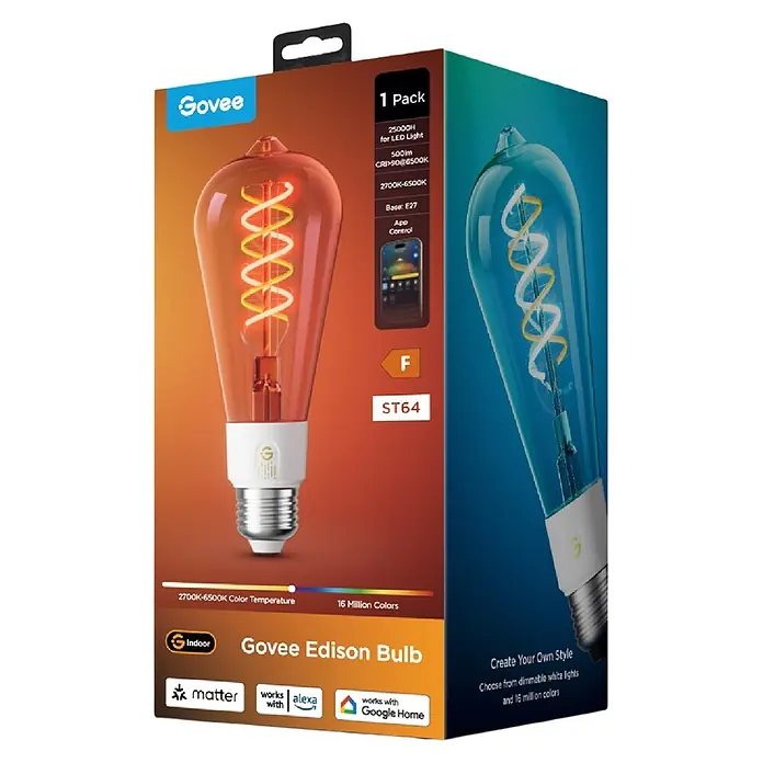 Govee Smart-LED-Lampe Edison Bulb - E27, Dimmbar, RGBW, 500 lm - Verpackung einer Govee Edison Smart-Glühbirne, die eine rot-orange leuchtende Spiralfadenlampe und Farbwechsel zeigt.