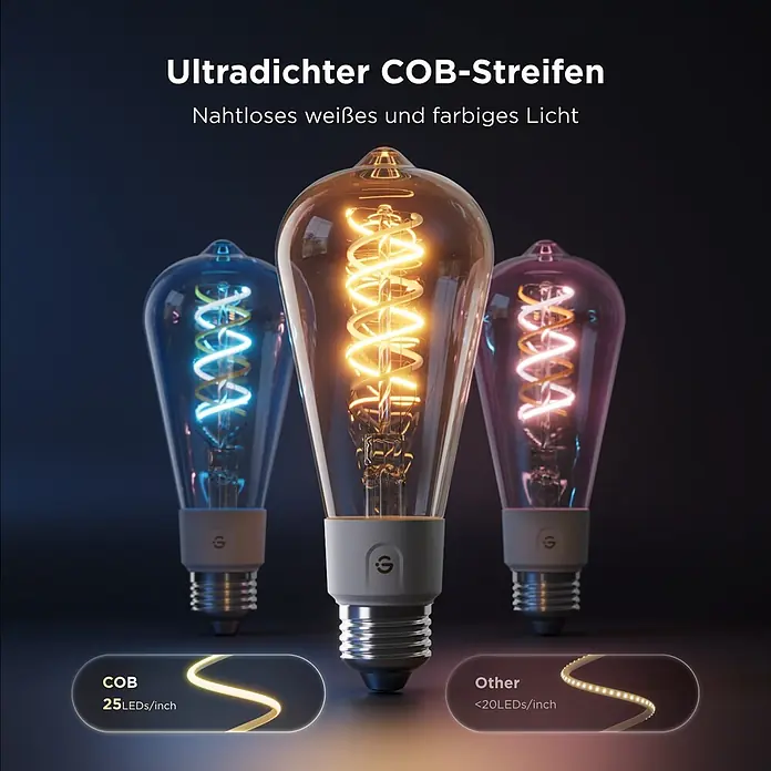 Govee Smart-LED-Lampe Edison Bulb - E27, Dimmbar, RGBW, 500 lm - Drei Vintage-LED-Glühbirnen mit nahtlosem Farb-/Weißlicht. Unten: Vergleich einer dichten COB-Leiste (25 LEDs/Zoll) mit einer Standardleiste.