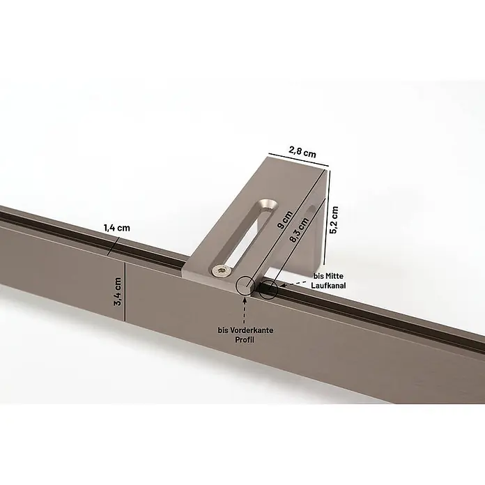 Gardinenschienen-Set Länge 210cm Loft 1-lauf Edelstahl-optik Aluminium -  - Graues Metallprofil mit montierter Halterung, zeigt verschiedene Abmessungen in Zentimetern.