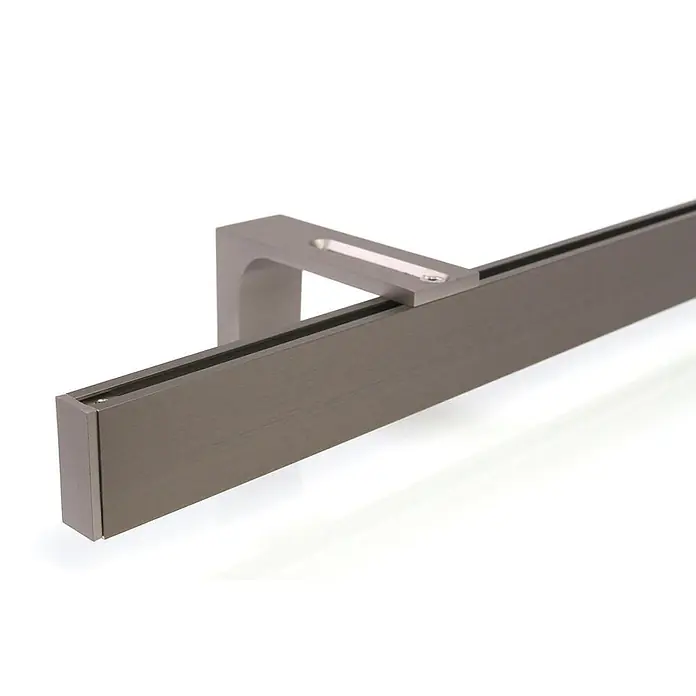 Gardinenschienen-Set Länge 210cm Loft 1-lauf Edelstahl-optik Aluminium -  - Dunkelgraues, gebürstetes Metallschienenprofil mit Halterung und einer oberen Nut.