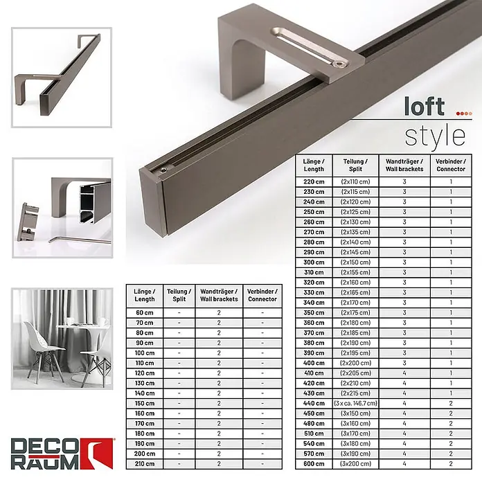 Gardinenschienen-Set Länge 210cm Loft 1-lauf Edelstahl-optik Aluminium -  - Modernes, dunkelgraues Metall-Vorhangschienensystem mit Wandhalterungen und Verbindern. Inklusive detaillierter Komponententabellen.