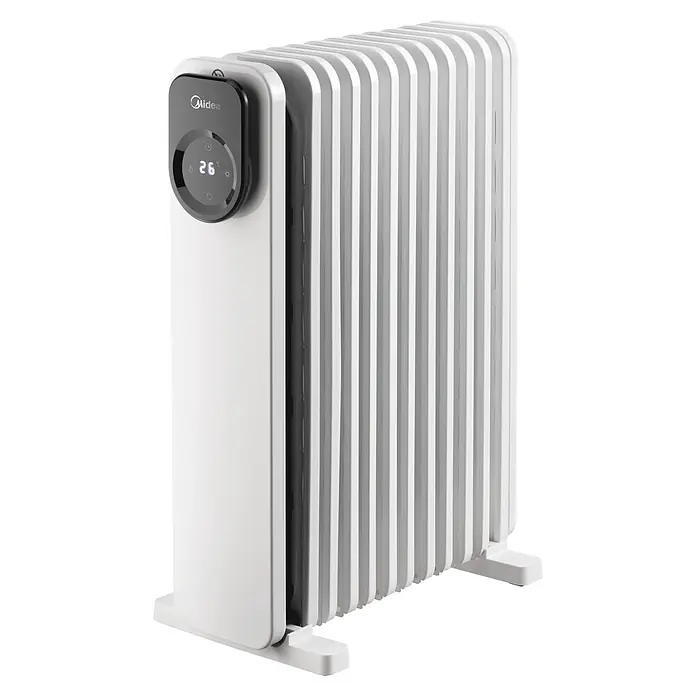 Midea Ölradiator - 2.300 W, L x B x H: 57 x 22,6 x 39,5 cm - Weißer Ölradiator mit digitalem Display, der 26 °C und das Midea-Logo zeigt.
