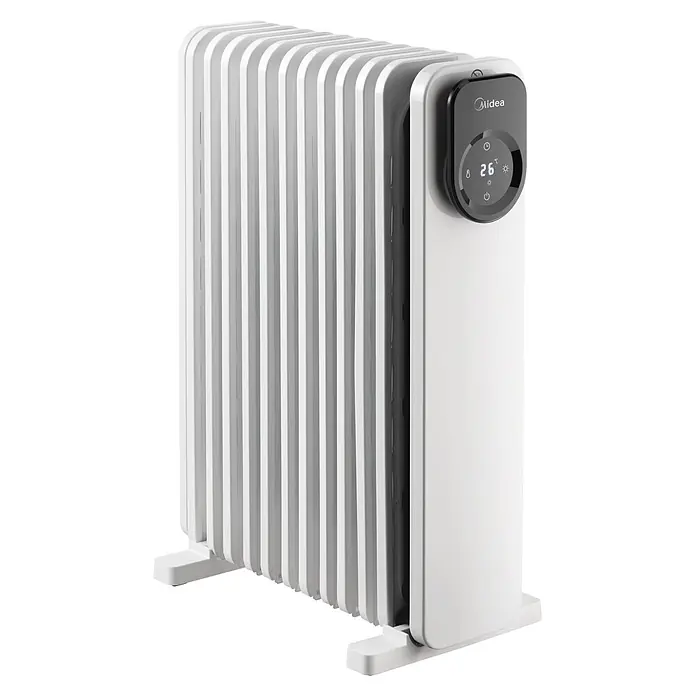 Midea Ölradiator - 2.300 W, L x B x H: 57 x 22,6 x 39,5 cm - Weißer Midea Ölradiator mit digitaler Anzeige, die 26°C anzeigt.
