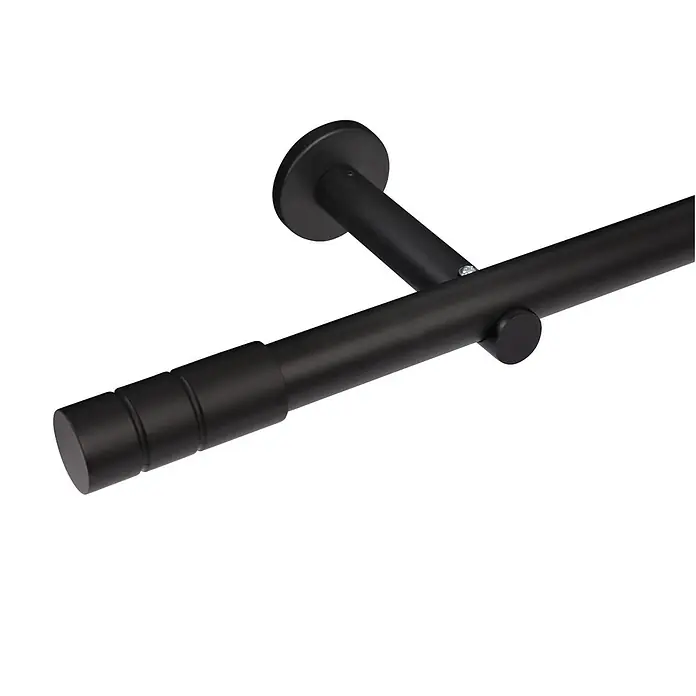 Gardinenstangen-Set Länge 600cm Style Metall Zylinder Schwarz -  - Schwarze Metall-Gardinenstange mit zylindrischer Endkappe und Wand-/Deckenhalterung.