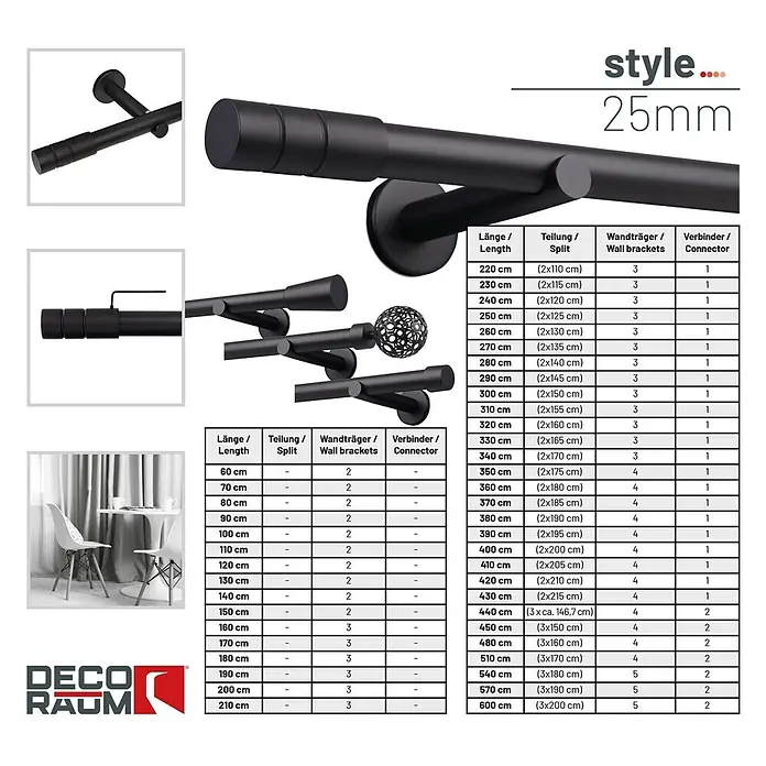 Gardinenstangen-Set Länge 600cm Style Metall Zylinder Schwarz -  - Schwarze Gardinenstange und zugehörige Wandhalterungen/Verbinder, Durchmesser 25mm.