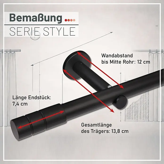 Gardinenstangen-Set Länge 600cm Style Metall Zylinder Schwarz -  - Schwarze Gardinenstange mit Halterung, Maße: Endstück 7,4 cm, Wandabstand Mitte Rohr 12 cm, Trägerlänge 13,8 cm.