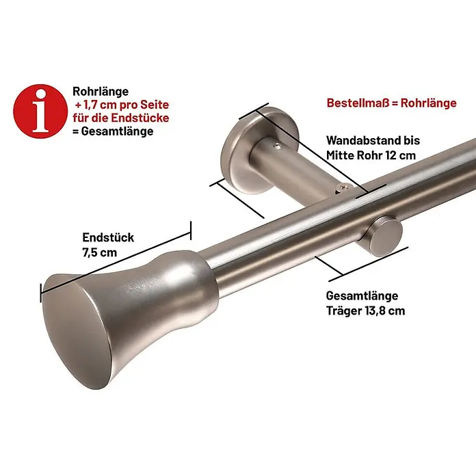 Gardinenstangen-Set Style Metall Edelstahl-optik Kegel Länge 400cm -  - Gardinenstange aus gebürstetem Metall mit Endstück und Wandhalterung.