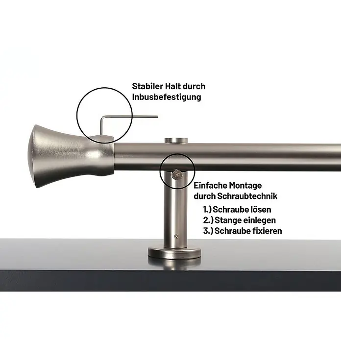 Gardinenstangen-Set Style Metall Edelstahl-optik Kegel Länge 400cm -  - Gardinenstange aus gebürstetem Metall mit Zierknopf, zeigt Inbusbefestigung für stabilen Halt und Schraubmechanismus für einfache Montage.