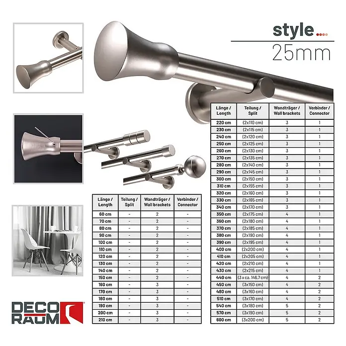Gardinenstangen-Set Style Metall Edelstahl-optik Kegel Länge 400cm -  - 25mm Gardinenstangensystem aus gebürstetem Metall mit verschiedenen Endstücken, Wandhalterungen und detaillierten Spezifikationstabellen.