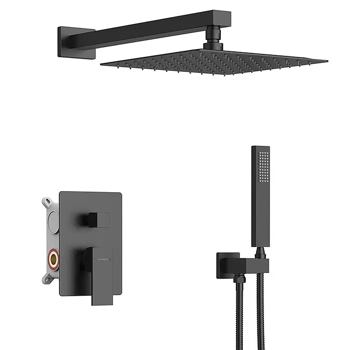Bad Land Unterputz-Duschset TORIN mit Einbaukörper, Schwarz -  - Matt schwarzes Duschsystem mit quadratischem Regenduschkopf, Mischbatterie und Handbrause.