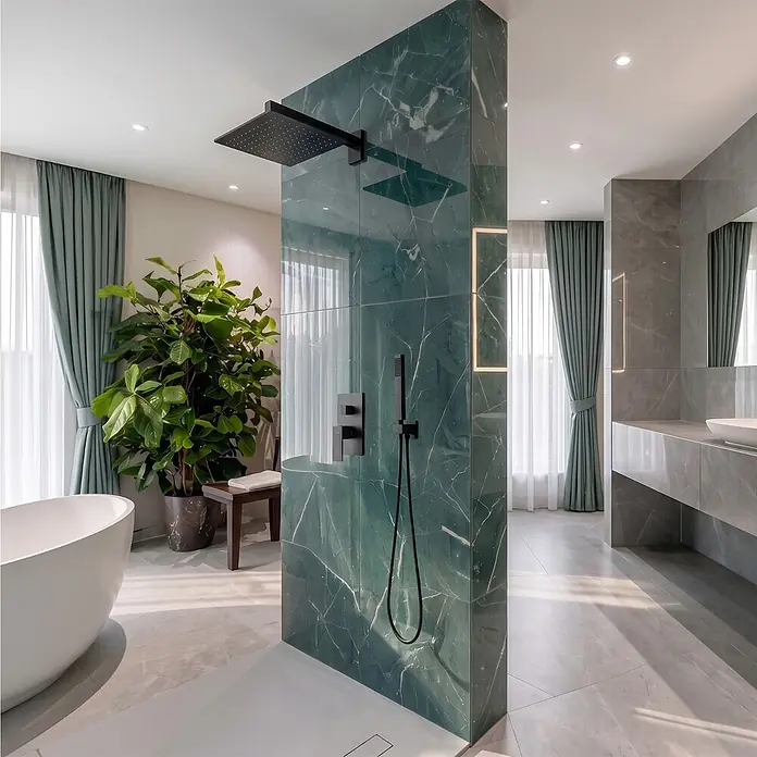Bad Land Unterputz-Duschset TORIN mit Einbaukörper, Schwarz -  - Modernes Badezimmer mit grüner Marmorduschtrennwand, schwarzer Regendusche und Handbrause. Mit weißer Badewanne und grauem Waschtisch.