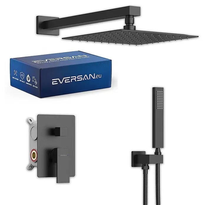 Bad Land Unterputz-Duschset TORIN mit Einbaukörper, Schwarz -  - Schwarzes Duschsystem mit quadratischem Regenduschkopf, Handbrause und Mischbatterie.
