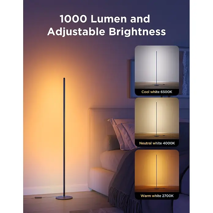Govee LED-Stehleuchte Lamp Lite - 24 W, Höhe: 136,3 cm, Schwarz - Eine schlanke, schwarze Stehleuchte beleuchtet ein Schlafzimmer warm. Einsätze zeigen die Lampe mit kalt-, neutral- und warmweißem Licht, betonen einstellbare Helligkeit.