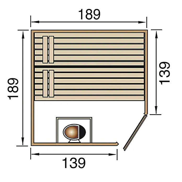 Weka Massivholzsauna Valida Eck 2 GT - L x B x H: 189 x 189 x 203,5 cm, Grundfläche: 3,02 m² - Abbildung eines Saunaplans mit Abmessungen, der die Größe und Anordnung der Sauna zeigt.