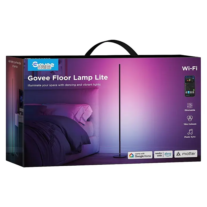 Govee LED-Stehleuchte Lamp Lite - 24 W, Höhe: 136,3 cm, Schwarz - Govee Floor Lamp Lite Produktverpackung, zeigt die Lampe im Schlafzimmer, hebt Wi-Fi, dimmbar, 16 Mio. Farben, Musik-Sync, Google Home, Alexa und Matter hervor.