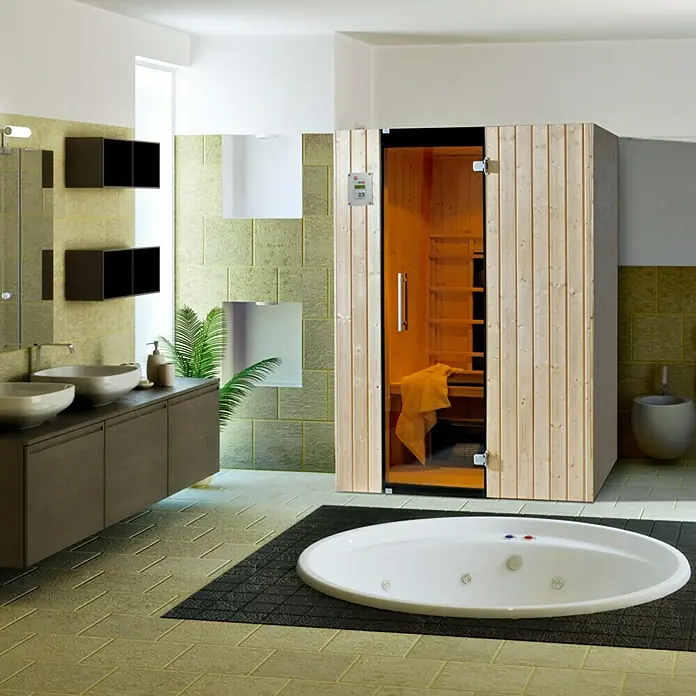 Weka Infrarotkabine Tanilla 2 - 99 x 137 x 190 cm, 2.050 W, 5 Keramikstrahler - Badezimmer-Interieur mit moderner Badewanne, stilvollem Waschtisch und einer einladenden Sauna für entspannende Momente.