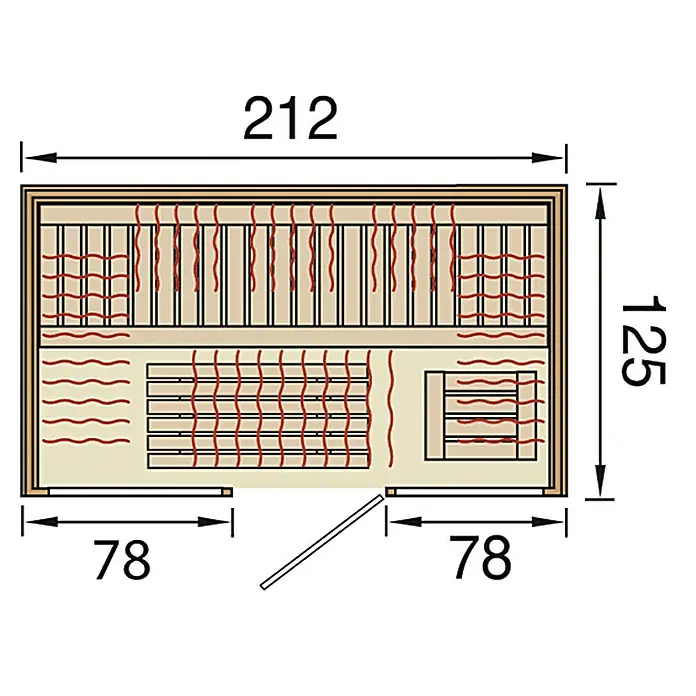 Weka Infrarotkabine Osby 2 - 3.600 W, Therm-Flächenstrahler, 212 x 125 x 190 cm - Draufsicht eines Saunaplans mit den Maßen 212 x 125 cm. Die Tür befindet sich seitlich, gegenüber der Saunabänke.