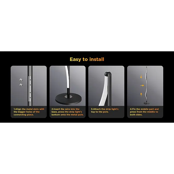 Govee LED-Stehleuchte Lamp Lite - 24 W, Höhe: 136,3 cm, Schwarz - Installationsschritte einer gewellten weißen LED-Lichtleiste an schwarzer Metallstange und rundem Sockel.