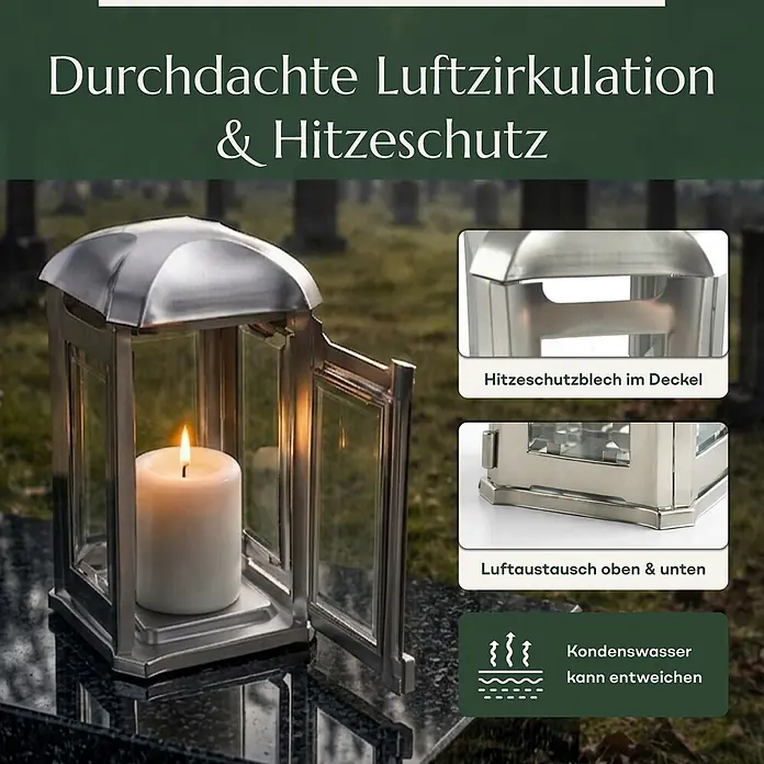 Grablampe Venezia aus Edelstahl, silberfarben, 13×13×24 cm – wetterfest -  - Silberfarbene Grablaterne mit brennender Kerze, konzipiert für optimale Luftzirkulation und Hitzeschutz, auf einem Friedhof.
