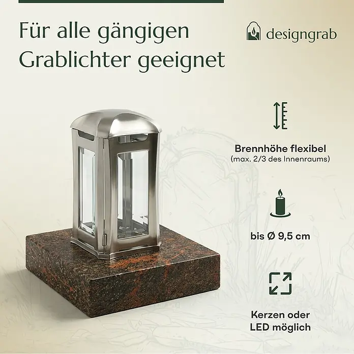 Grablampe Venezia aus Edelstahl, silberfarben, 13×13×24 cm – wetterfest -  - Edelstahl-Grablaterne mit Glaseinsätzen auf einer dunklen Granitplatte, geeignet für Kerzen oder LEDs bis 9,5 cm.