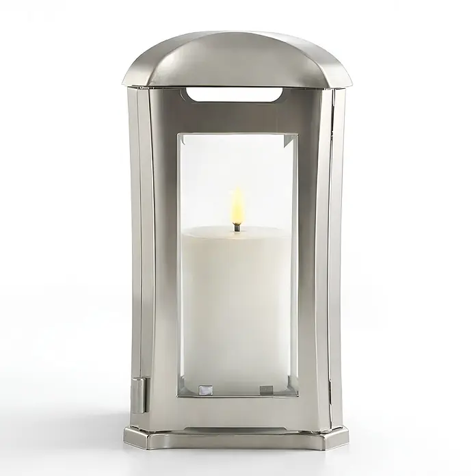 Grablampe Venezia aus Edelstahl, silberfarben, 13×13×24 cm – wetterfest -  - Silberne Metalllaterne mit einer flammenlosen LED-Kerze in einem Glaszylinder.