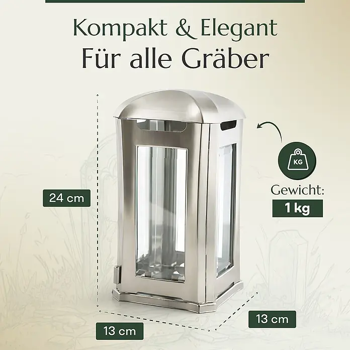 Grablampe Venezia aus Edelstahl, silberfarben, 13×13×24 cm – wetterfest -  - Silberfarbene Metall- und Glasgrablaterne, 24 cm hoch, 13x13 cm Basis, 1 kg Gewicht.