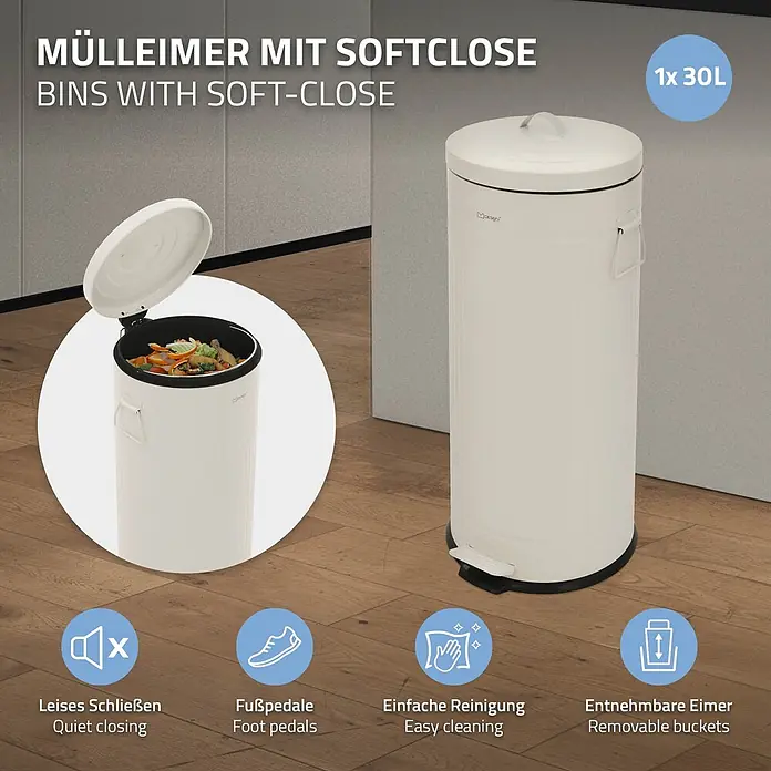 ML-Design Treteimer 30 l, Beige, Stahl -  - Weißer 30L Treteimer mit Softclose-Deckel, Fußpedal und herausnehmbarem Inneneimer.