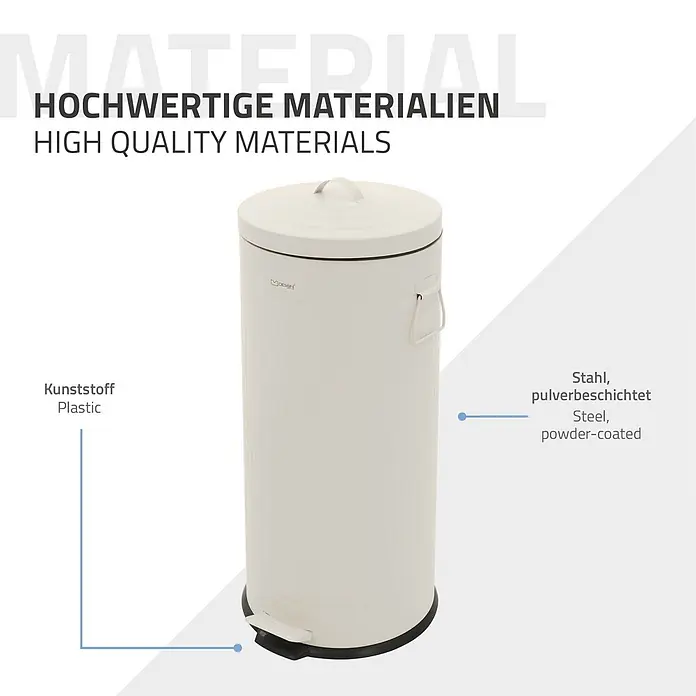 ML-Design Treteimer 30 l, Beige, Stahl -  - Creme-farbener Treteimer aus pulverbeschichtetem Stahl mit Kunststoffsockel und Pedal.